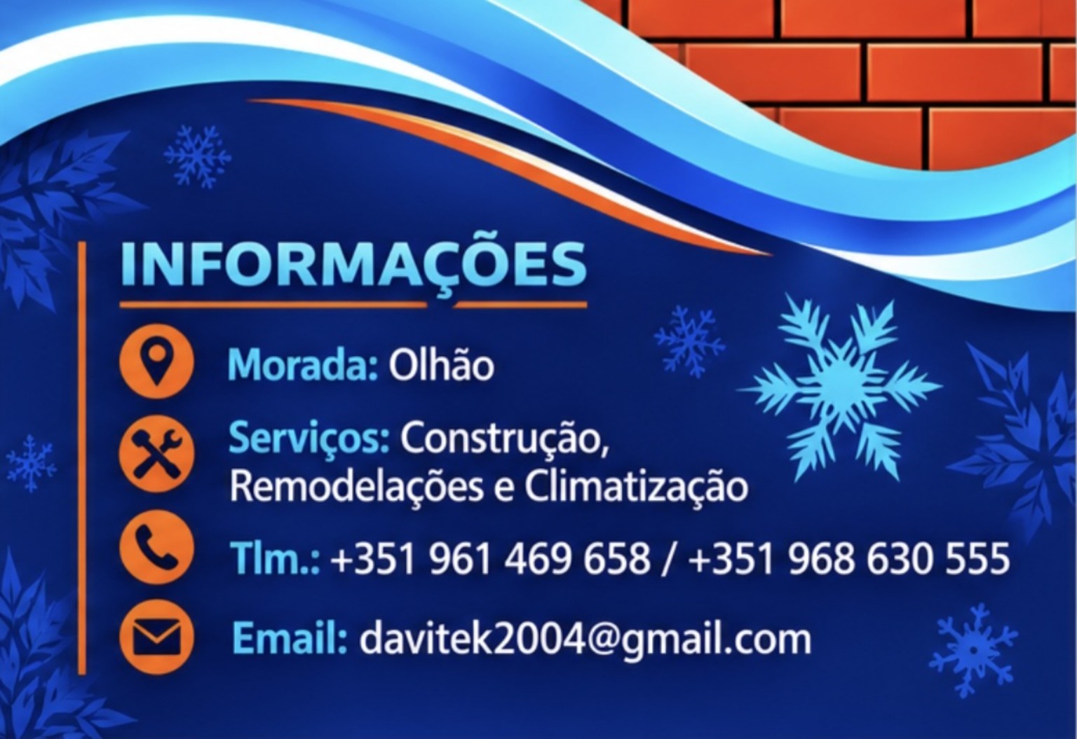 Cartão Davitek: Olhão; construção, remodelações e climatização; contactos telefónicos e e-mail.